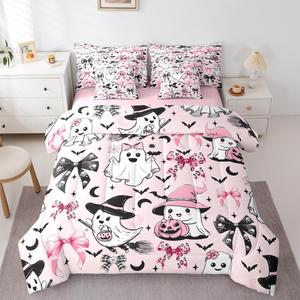 Erosebridal Комплект постельного белья Bow Ghost с принтом летучих мышей, готической луны и паутины из розового материала, Pink