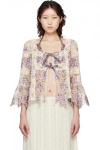 Anna Sui Блузка с цветочным кружевом и завязками, выполненная в фиолетово-бежевых тонах