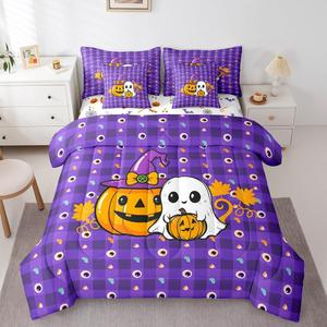 Erosebridal Комплект постельного белья Halloween с тематикой праздника, принт тыквы и привидения, Purple