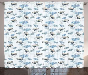 Штора ABAKUHAUS в деревенском стиле с каракулями, Самолеты и облака, универсальная тесьма для гостиной с петлями и крючками, 280 x 225 см, темно-синий, серо-яичная скорлупа Abakuhaus