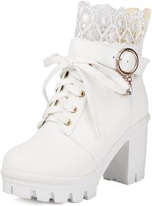 Женская мода Ботильоны на толстом каблуке с круглым носком, шнуровкой и молнией, платформой, нарядные короткие ботильоны JOEUSTY, White