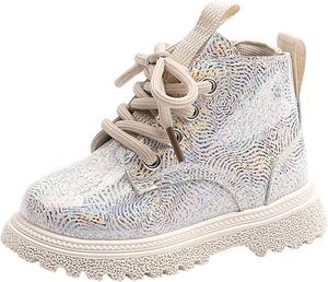 Детские блестящие ботильоны на шнуровке с водонепроницаемой поверхностью, британский стиль, боковая молния, низкий каблук, модные и удобные ботинки Generic, White