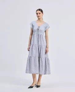 Женское многоярусное платье со сборками и завязками спереди – льняные полоски Reistor