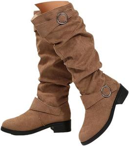 Женские ковбойские сапоги длиной до колена из замши с широкой голенью, западные ковбойские сапоги с боковой молнией, ретро массивный низкий каблук, сапоги до середины голени для езды, праздничные зимние ботинки для женщин Eynuo, C Khaki