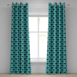 Штора ABAKUHAUS Пальмовая с люверсами, черные силуэты кокосовых пальм в мультяшном стиле на бирюзовом фоне, декоративные двухпанельные шторы, 280 см x 245 см, бирюзово-черный цвет Abakuhaus