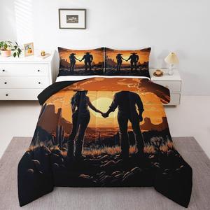 Erosebridal Комплект постельного белья Western Couple с принтом кактусов и заката, Yellow Black