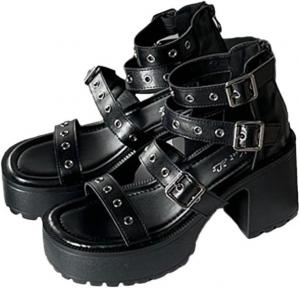 Эмо туфли на платформе Y2K, грувные каблуки, широкие боевые ботинки с металлическими украшениями для женщин и подростков, массивные готические, панк-кавайи ретро подарки для дочери или внучки, для школы, кожаные, для пляжа LokoLucx, Black