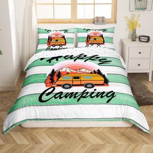 Erosebridal Комплект постельного белья Happy Camping с принтом в виде деревянных досок и мультяшными рисунками для детей и взрослых, Green White Orange