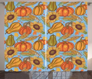 Штора ABAKUHAUS "Рустикальный урожай", дизайн "Фермерские овощи", универсальная ленточная штора для гостиной с петлями и крючками, 280 x 225 см, светло-голубой, оранжево-желтый Abakuhaus