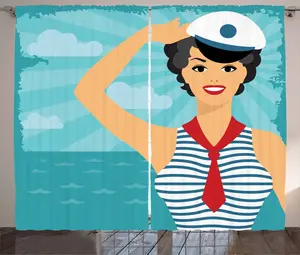 Штора в деревенском стиле Пин-ап девушка, ABAKUHAUS, Улыбающаяся девушка-моряк, присборенная штора для спальни с петлями и крючками, 280 x 225 см, алый, персиковый и синий Abakuhaus
