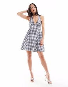 Платье-трапеция Hollister с вырезом халтер в синюю клетку