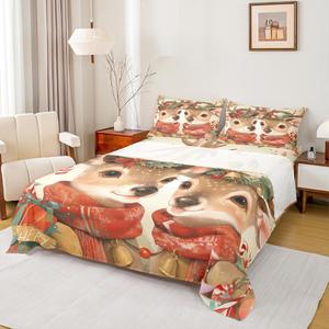 Erosebridal Комплект постельного белья с новогодним принтом оленей и конфетных тростников, Brown Red