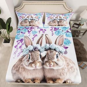 Erosebridal Комплект постельного белья Happy Easter с кроликами и синими розами в стиле кавай, Blue Grey White