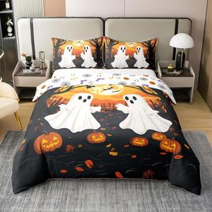 Erosebridal Комплект постельного белья из 100% хлопка с тематикой Хэллоуина: привидения, тыквы и летучие мыши, Orange Black White