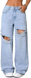 Женские джинсы с высокой талией и широкими штанинами, рваные на коленях