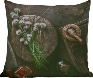 Подушка для улицы - Лук-резанец - Кухня - Раствор - Деревенский - Травы - Фиолетовый - 60x60 см - Устойчива к погодным условиям - Подушка для отдыха - Декоративная подушка - Подушка для сна MuchoWow