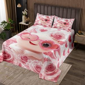 Erosebridal Комплект постельного белья Cute Axolotl с розами и саламандрами, романтичный уютный набор для детей из мягкого материала в морском стиле, Pink Black White