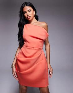 Мини-платье ASOS DESIGN с присборенным вырезом и приталенной талией, кораллового цвета, из ткани в стиле «скуба»