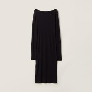 Длинное платье из трикотажного рубчатого джерси MIU MIU, черный