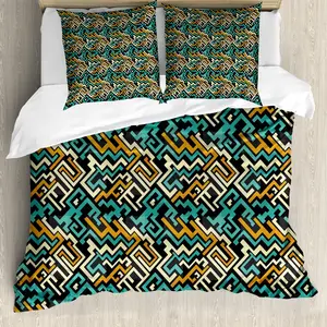 Пододеяльник ABAKUHAUS с геометрическим рисунком, сюрреалистичные линии будущего, защита от клещей, подходит для аллергиков с наволочками, 155 см x 220 см - 80 x 80 см, бледно-желтый с бирюзовым оттенком Abakuhaus