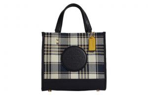 Сумка через плечо Dempsey Fabric с кожаной вставкой маленького размера для женщин, темно-синий цвет, бежевая клетка COACH