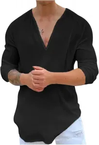 Мужская футболка Casual Cotton Linen V-образный вырез летняя однотонная с длинным рукавом
