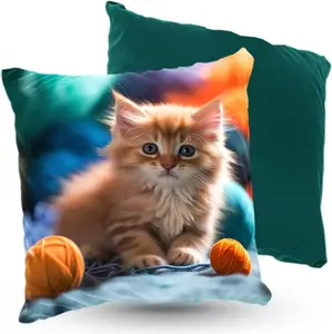 Подушка велюровая ПРЕМИУМ с милым котенком и пряжей, 40 х 40 см, декоративная с наполнителем, для гостиной, спальни или в подарок. 5made