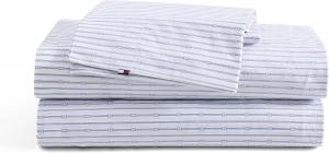 Tommy Hilfiger Комплект постельного белья, хлопковый перкаль, размер 99x203 см, простыня, пододеяльник, наволочки, технология Crisp & Cool, синий с полосатой монограммой