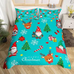 Erosebridal Комплект постельного белья с новогодним принтом Санта-гномы и олени, материал хлопок, сине-красно-зеленый, Pattern 01