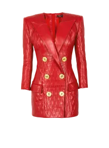 Короткое стеганое кожаное платье Balmain, красный