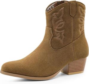 Женские ковбойские ботинки Dodow с каблуком, заостренным носком, вышивкой и короткими западными ботильонами, Brown