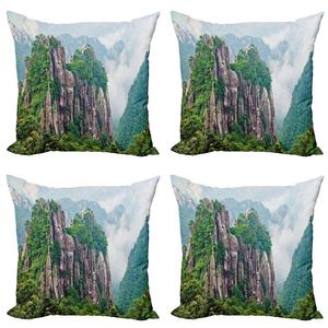 ABAKUHAUS Mountain Набор чехлов для подушек (4 предмета), Китайский пейзаж, природа, современная двусторонняя цифровая печать, 40 см x 40 см, Зеленый Коричневый Белый