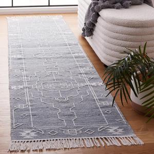 Ковер-дорожка SAFAVIEH, 69 x 275 см, Kilim Collection - Dark Grey & Ivory, плоское плетение, деревенский бохо-племенной дизайн, не линяет и прост в уходе, идеален для помещений с высокой проходимостью в гостиной, спальне (KLM763H)