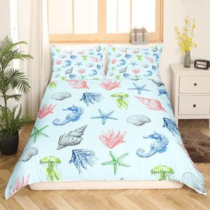 Erosebridal Комплект постельного белья Sealife Duvet Cover с водяным принтом морских коньков и кораллов в морской тематике, Blue Pink Green