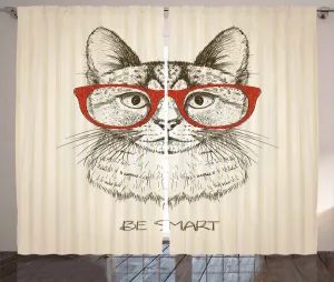 Штора ABAKUHAUS в деревенском стиле с рисунком кота в ретро-очках, присборенная штора для спальни с петлями и крючками, 280 x 225 см, цвет шампанского, бежевый и ярко-красный Abakuhaus