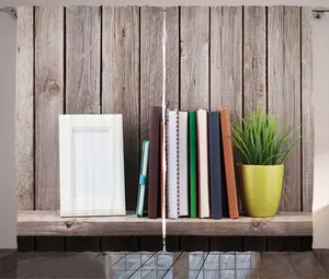 Штора ABAKUHAUS Библиофил в деревенском стиле, книги на деревянной полке, универсальные ленточные шторы для гостиной с петлями и крючками, 280 x 225 см, теплый серо-коричневый многоцветный Abakuhaus