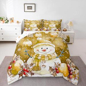 Erosebridal Комплект постельного белья Gold Snowman Full с новогодним декором в виде снежинок и снеговиков, Gold Yellow
