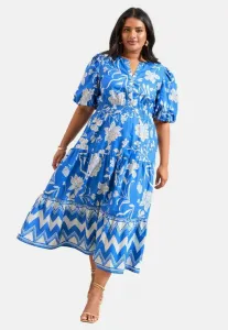 Платье-Рубашка с коротким рукавом и цветочным принтом из поплина, прямого кроя. Lipsy, Blue