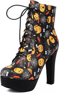 Женские ботильоны UP2STEP Fashion черного цвета с круглым носком, низкой платформой, массивным каблуком, шнуровкой и принтом «тыква»