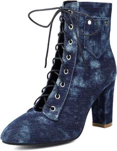 Женские джинсовые ботильоны Aflngle с высокой массивной шпилькой, шнуровкой, заостренным носком, боковой молнией, короткие ботиночки для повседневной носки, комфорта на улице, для офиса и платьев, Dark Blue