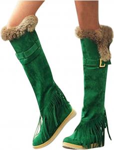 Женские высокие сапоги Bcshiye до колена, с низким каблуком, мягкие, теплые, с мехом, боевые средние сапоги, ботильоны с круглым носком, снежные сапоги, Green