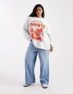 Лонгслив свободного кроя с длинными рукавами ASOS DESIGN Curve с лицензией на дебютный альбом Oasis серого цвета
