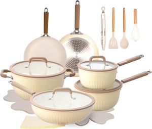 Набор посуды ONGIFT с антипригарным покрытием, 22 предмета, кремово-желтый