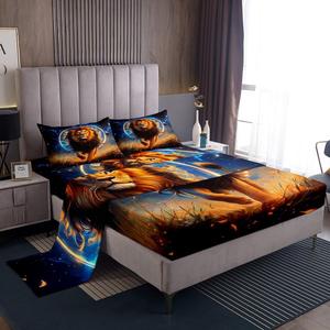 Erosebridal Комплект постельного белья Yellow Lion Sheets Blue Starry Sky с принтом сафари и диких животных, Yellow,blue