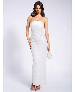 Женское белое атласное платье макси Lainey с пайетками, жемчугом и бисером Miss Circle, белый
