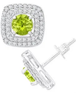 Серьги-Гвоздики с квадратным ореолом из стерлингового серебра с драгоценными камнями и выращенным в лаборатории белым сапфиром (5/8 карата) Macy'S, peridot