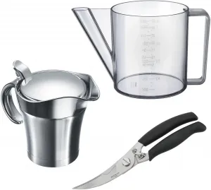 Кувшин для отделения жира WESTMARK, пластик из нержавеющей стали, (набор, 3 шт.), бытовой набор, 1 кувшин для отделения жира, 1 ножницы для птицы, 1 термосоусник Объем 1 л, серебристый/черный