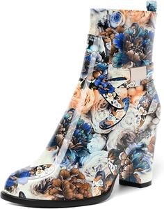 Женские ботинки AMBELIGHT с лакированной застежкой-молнией, повседневные, с круглым носком, на массивном высоком каблуке, ботильоны, 8,4 см, Blue Flower