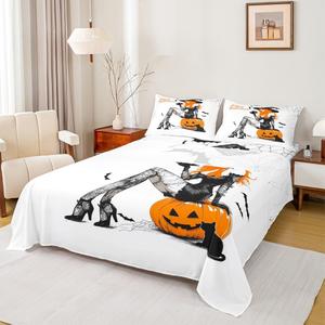 Erosebridal Комплект постельного белья Happy Halloween с романтичными сахарными черепами, готическими паутинами и летучими мышами в оранжево-черной гамме, Orange Black Pink