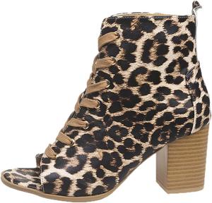 AtXiteli Женские черные кожаные ботильоны на каблуке - леопардовый узор, зауженный носок, ботинки до щиколотки, противоскользящие и износостойкие